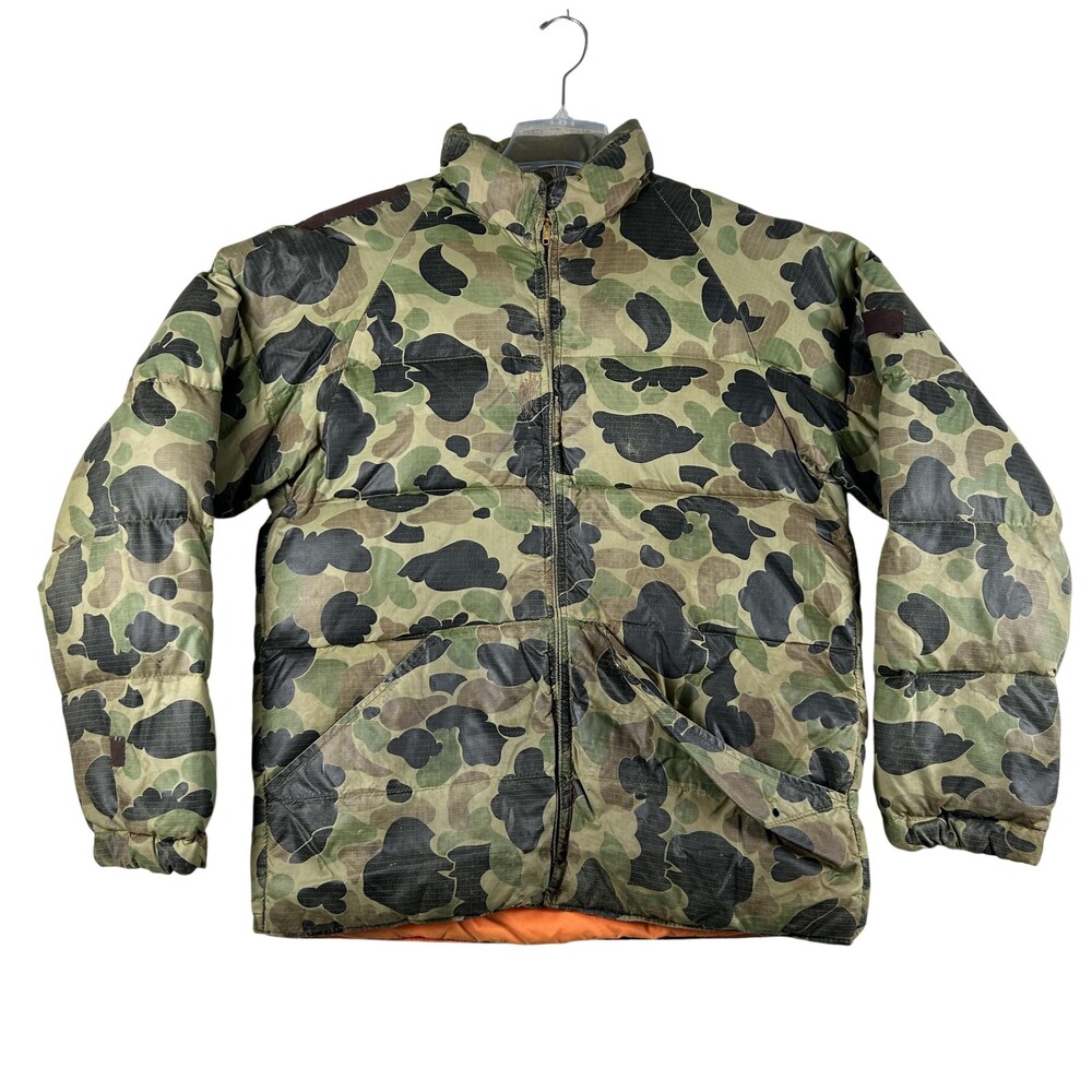 Vintage 10X Jacket Mens Medium Camo Down Filled Hunting Puffer Orange Lining 80s